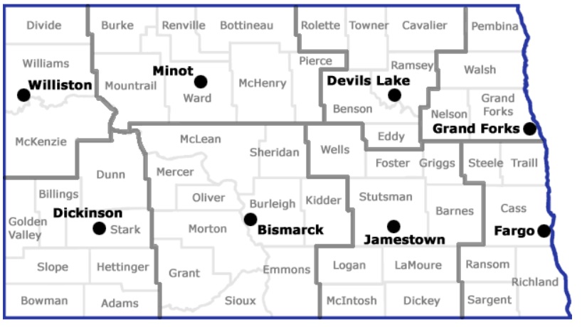 A map of North Dakota's 8 regions.  Region 1 is near Williston. Region 2 is near Minot.  Region 3 is near Devils Lake.  Region 4 is near Grand Forks. Region 5 is near Fargo. Region 6 is near Jamestown.  Region 7 is near Bismarck and Region 8 is near Dickinson